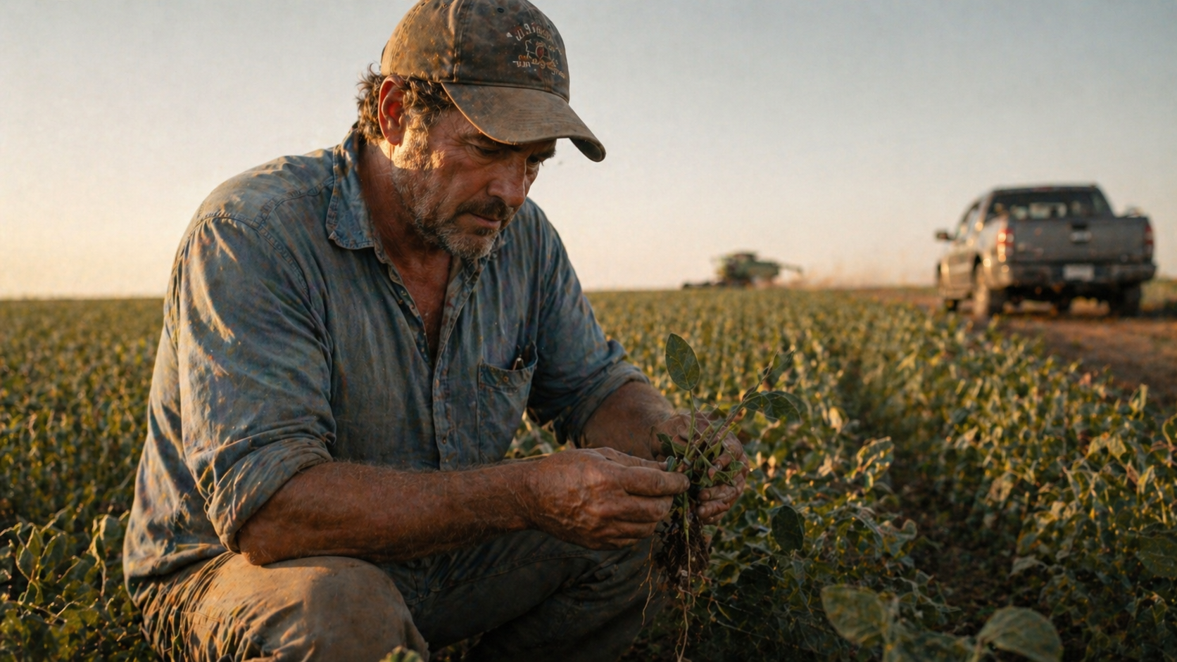 Productor rural argentino tomando mate al atardecer en su campo de soja, asegurado con cobertura agropecuaria de Federación Patronal