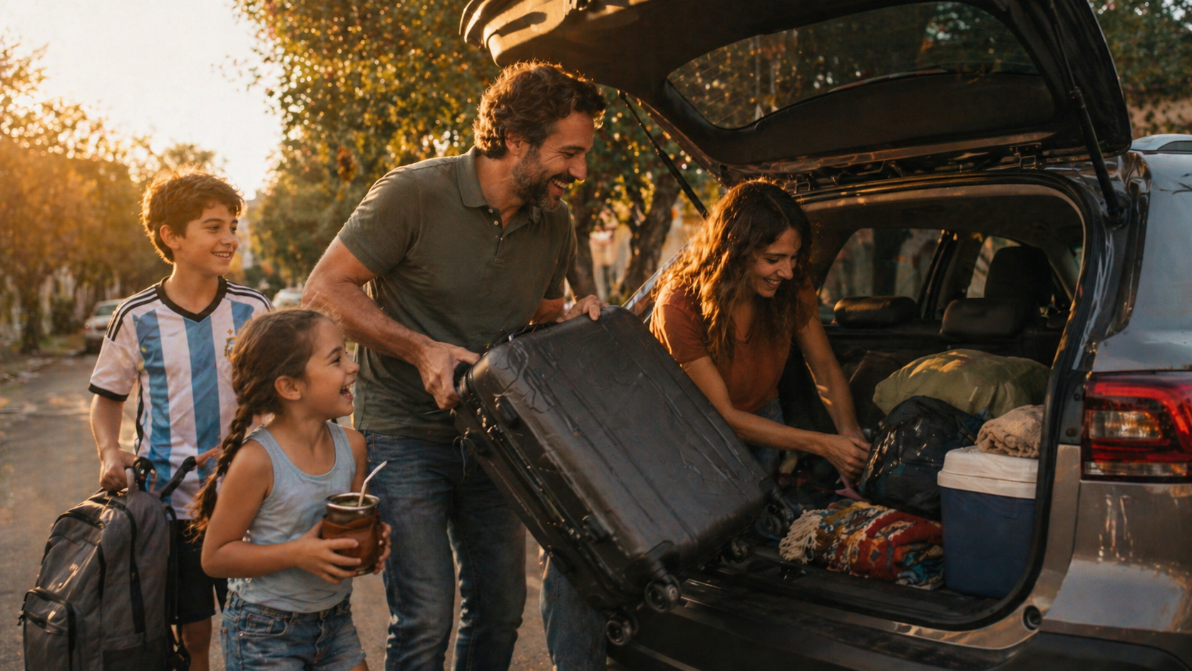 Familia argentina cargando el auto para salir de viaje, protegidos con seguro automotor de Federación Patronal
