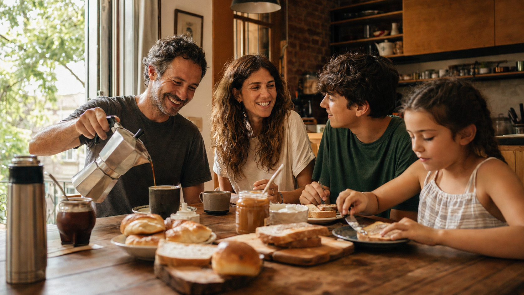 Familia argentina disfrutando el desayuno en su hogar protegido con seguro de hogar de Federación Patronal